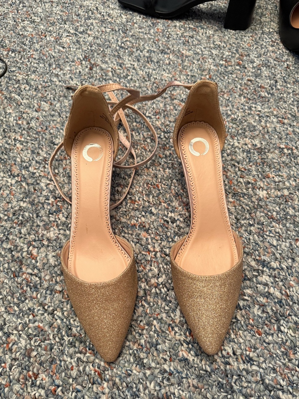 Women’s size 12 heels 3” heel pointed toe strappy gold sparkles